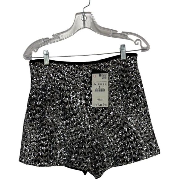 Zara Womens Sequin Shorts Size M Black Silver High Waist 8983/627 Blogger NWT - Picture 3 of 12